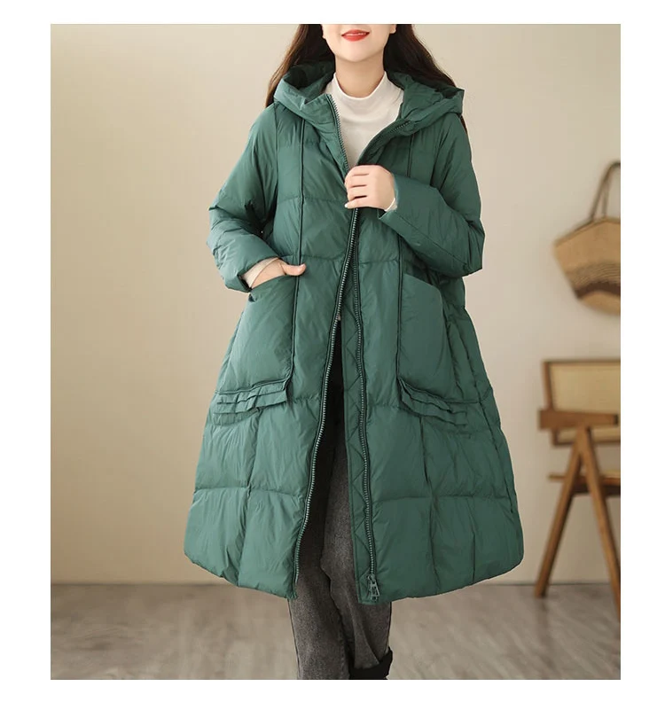 Women Loose Long Coat White Duck Down Jacket Women Winter Female Overcoat Winter with Hood Ruffles Big Pockets