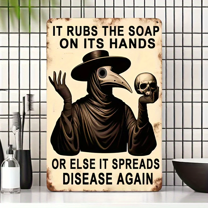 قطعة واحدة من علامة الألومنيوم لطبيب الطاعون القوطي - تذكير عتيق لغسل اليدين، فن تعليق على الحائط للحمام والديكور المنزلي