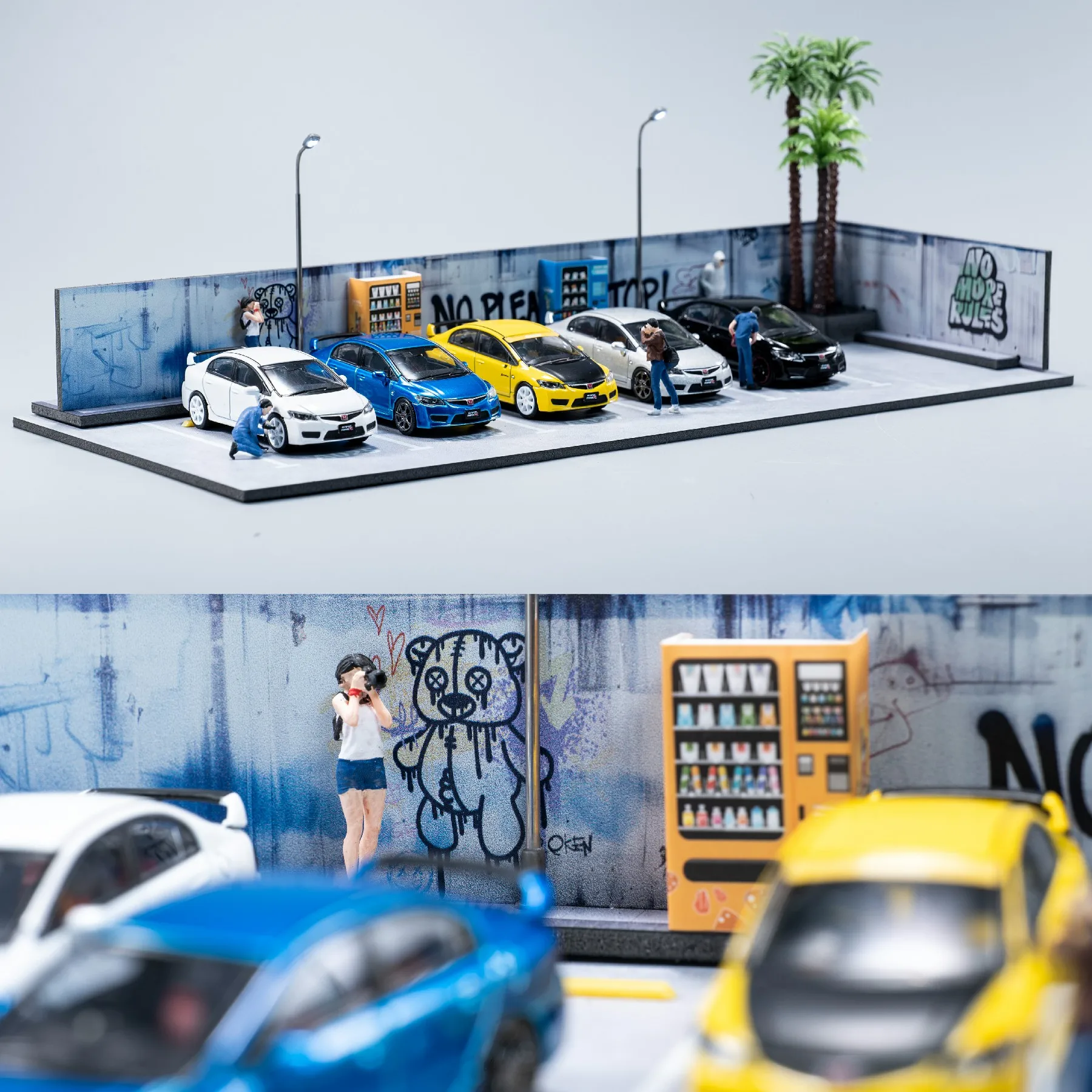 

1/64 Graffiti Stop Parking Scene Assembled Simulation Car Model Garage with LED Lighting USB Plug-In