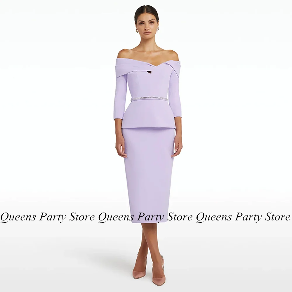 

Fashion Lilac Mother of The Bride Dress V Neck Off The Shoulder Long Sleeves Sequined Belt Tea Length Mermaid Wedding Guest Gown