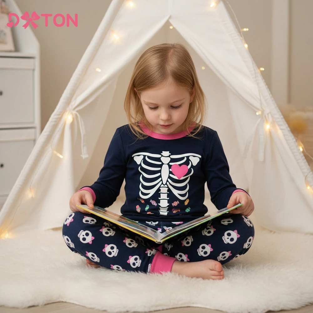 DXTON 2pcs Children Suit Autumn Winter Girls Pajamas Cotton Kids Tops+Pants Casual Homewear Skeleton Baby Girls Long Sleepwear