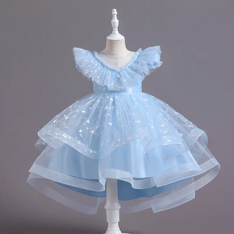 

Lovely Girls Dress Summer New V-neck Shawl Lace Bow Long Mesh Dress Piano Host Performance Children ElegantPageant Catwalk Gown