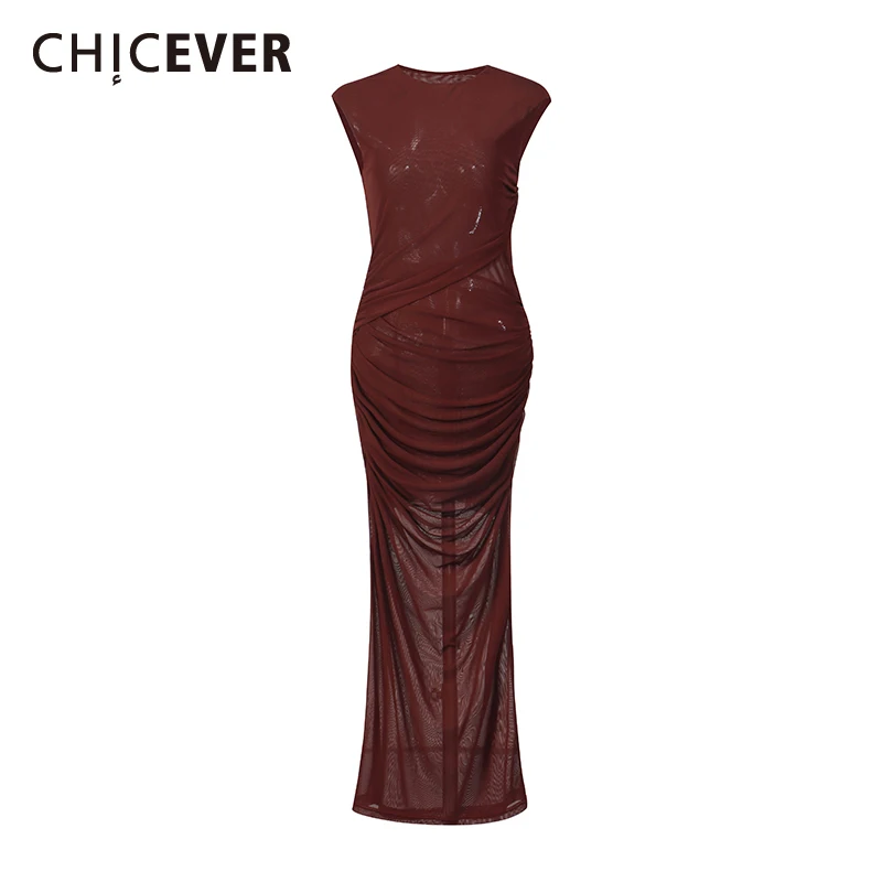 CHICEVER Solid Spliced Folds Chic Dress Female O Neck Sleeveless Slimming Intellectual Temperament Women's Dresses Summer Style