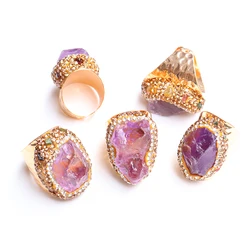 Micro Inlay Amethyst Open Rings for Women Irregular Boho Natural Crystal Stone Finger Ring Wedding Jewelry