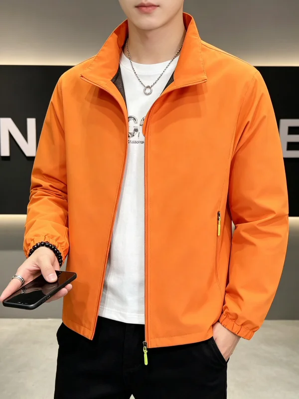 Orange Collar Casual Sportswear Jacket Men's Spring Autumn Fashionable All-Match Windproof Waterproof Zipper Closure Polyeste...