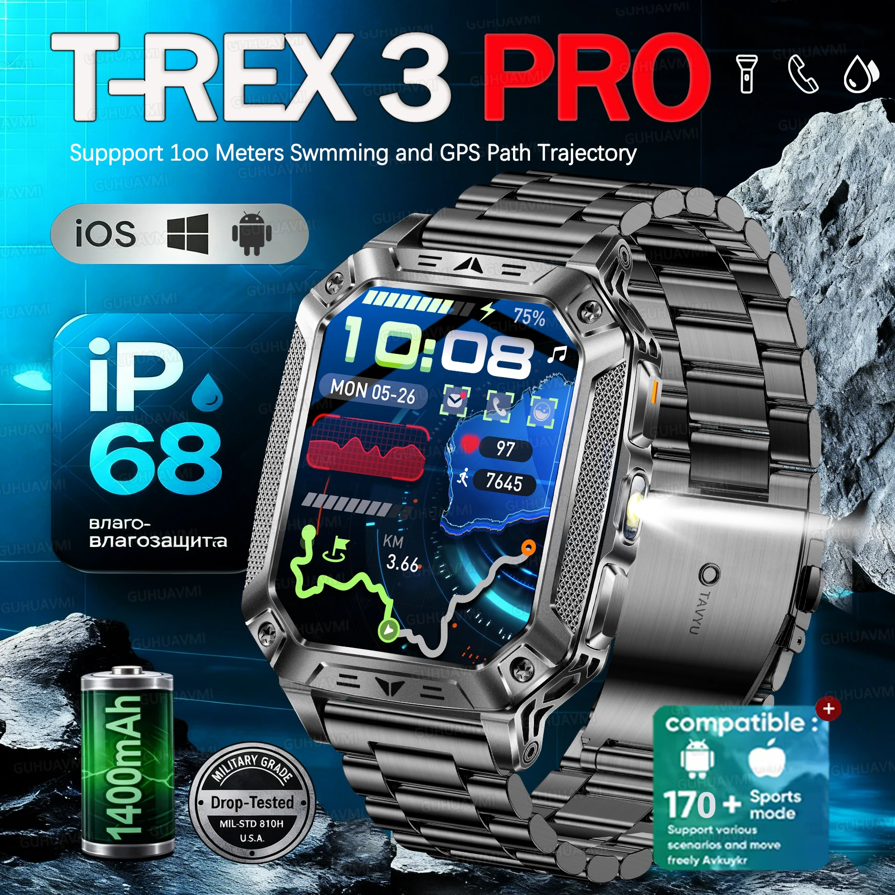 

2026 New Men's Military T-Rex3 Pro Smart Watch 1400mAh Battery Called Bluetooth LED Torch Waterproof Sports Outdoor Smart Watch
