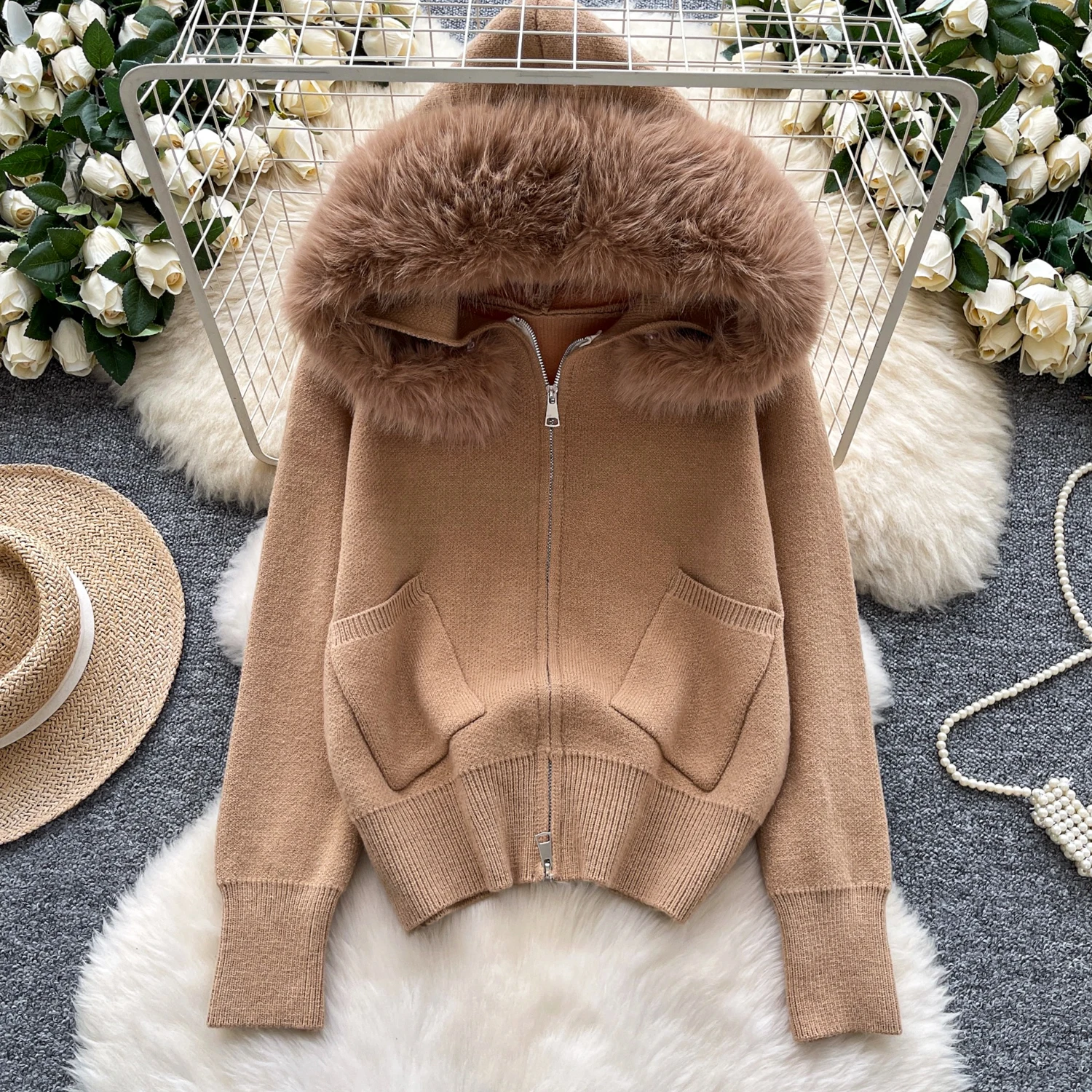 

Women Faux Fur Hooded Pockets Winter Knit Coat Jackets Lady Zipper Trendy Vintage Tops Female Gothic Punk Party Nightclub Coats