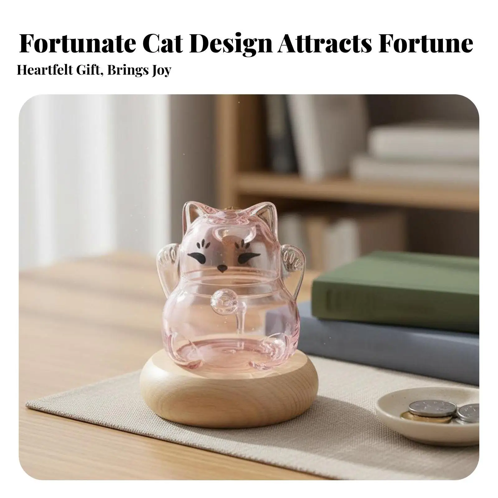 Fortunate Cat Glass Container Good Fortune Symbol Welcoming Cat Savings Jar Wealth Attracting Cat Shaped Container with Wooden