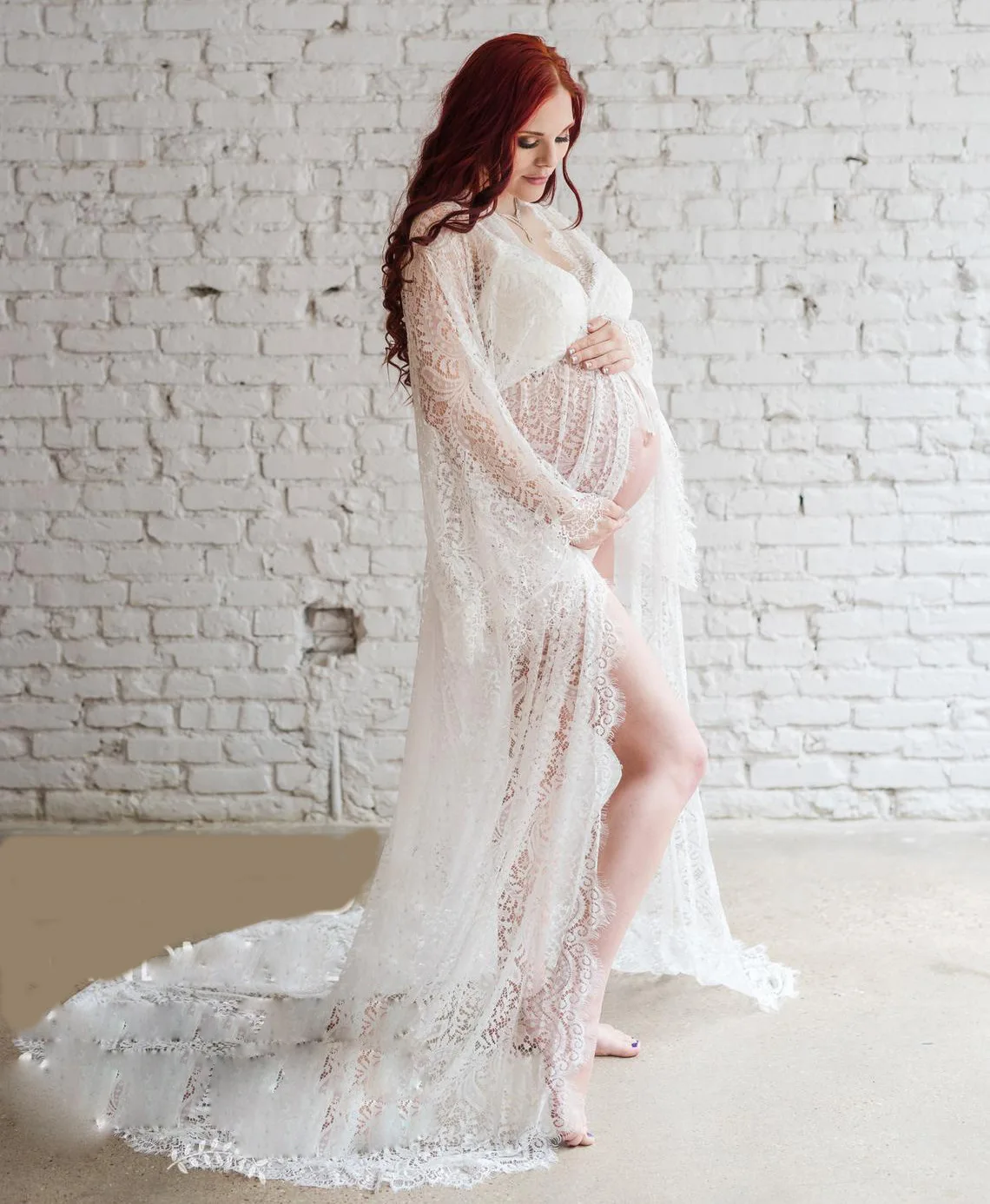 Newest Maternity Dresses for Photo Shoot Eyelash Lace Pregnant Woman Photo Grossesse Vestidos White Lace Perspective