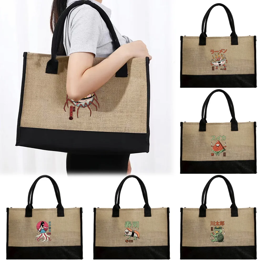 

Portable Imitation Sacks Shopping Bag Jute Shoulder Bag Reusable Large Capacity Grocery Bags Cute Monster Series Commuting Bags