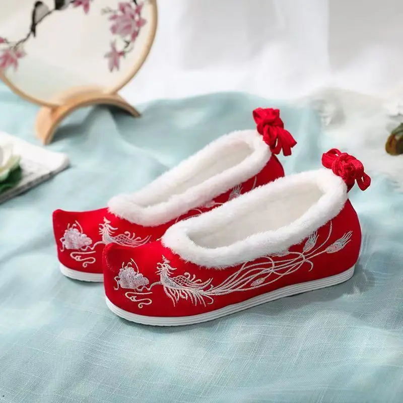 여성을위한 빨간 중국 신발 결혼식 전통 한복 고대 코스프레 요정 한 요소 자수 의상 무대 댄스 소녀 파티