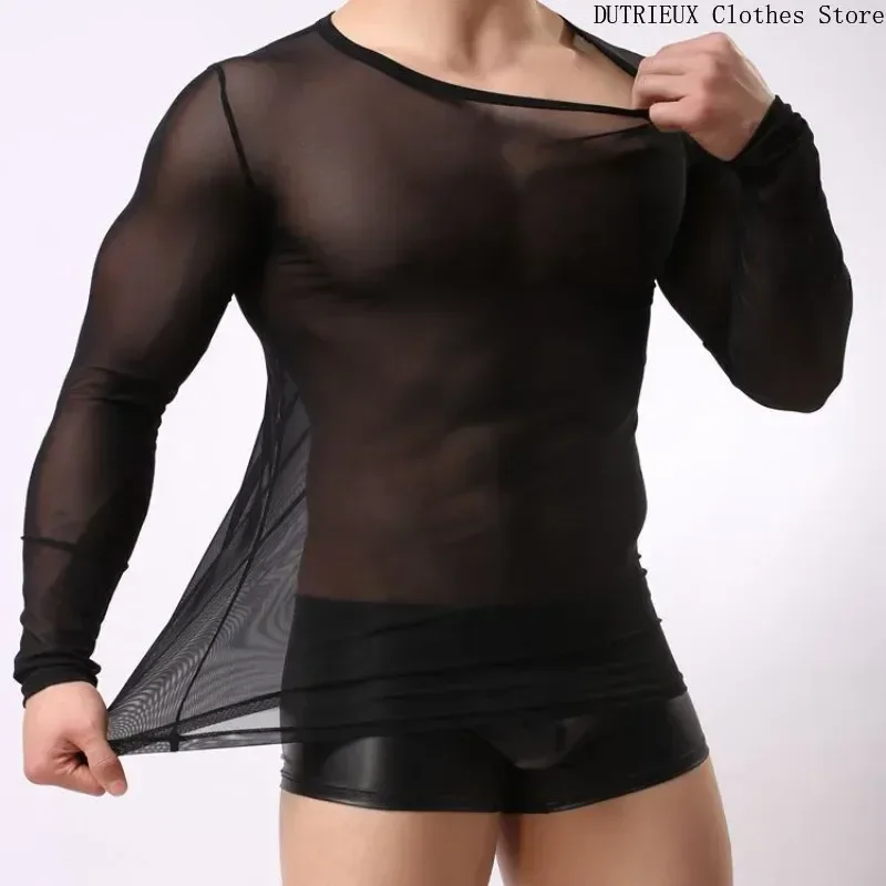 Sexy See-through Mesh Men's Long Sleeve Crewneck T-shirt Slim Breathable Plastic Tights Bar Club Party Performance Clothing