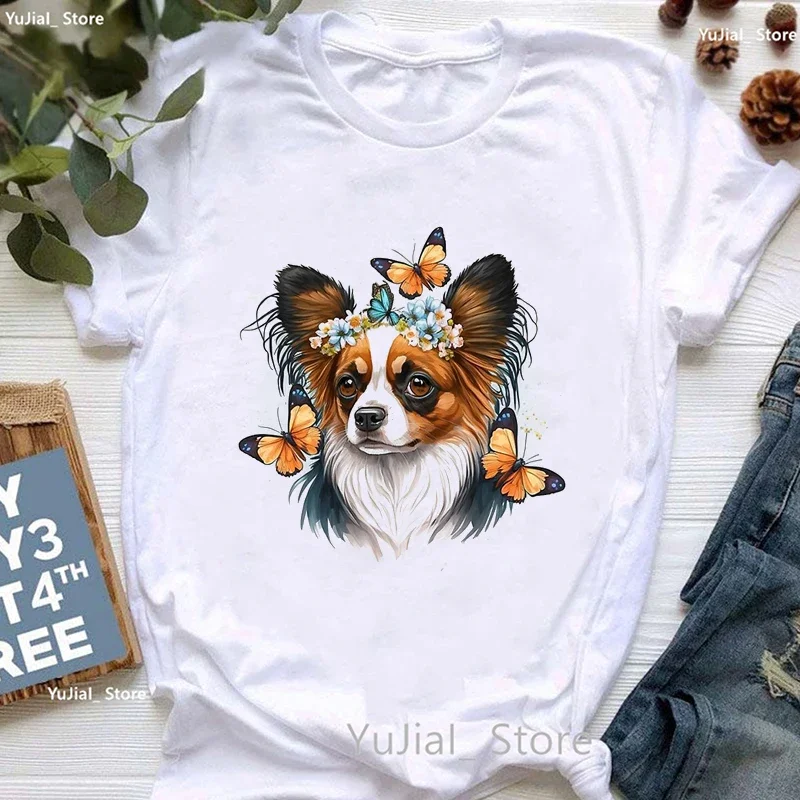 2024 Hot Sale Colorful Papillon Dog Flowers Butterfly Print T Shirt Women'S Clothing Summer Fashion Femme T-Shirt wholesale