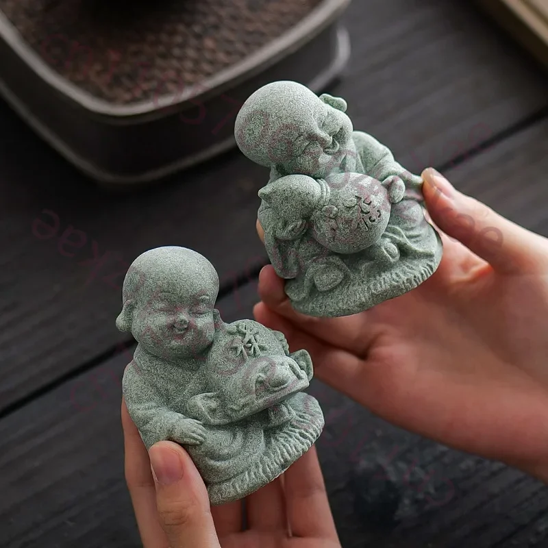 Green Sandstone Fu Lu Shou Little Monk Sculptures And Figurines Cute Home Room Office Wealth Luck Feng Shui Decor Statuette