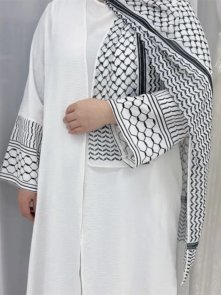 Ramadan Eid biała muzułmańskie Kimono Abaya Damen Dubai indyk Islam Abayas dla kobiet skromna sukienka Kebaya szata Femme Musulmane Kaftan