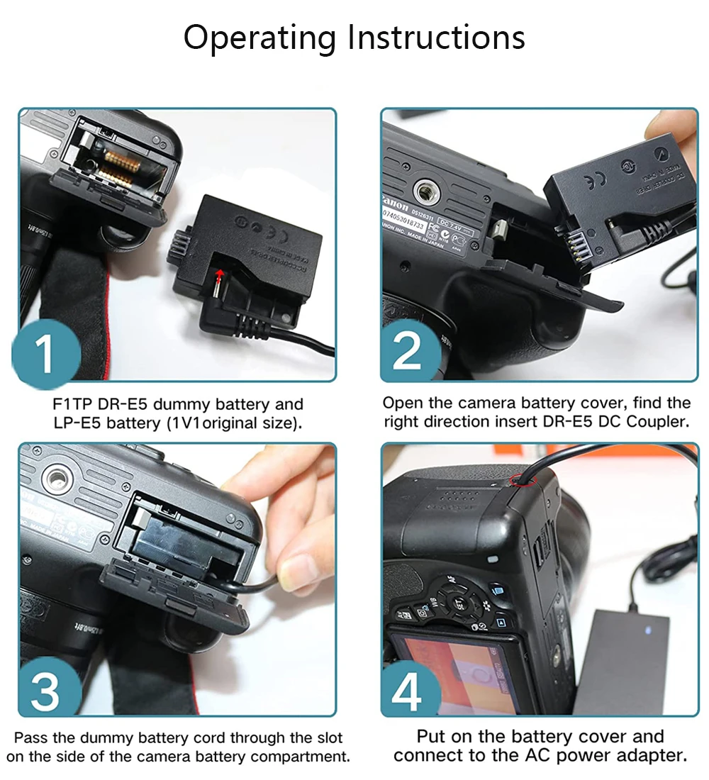 LP E5 LP-E5 dummy battery 5V USB-C ACK-E5 Drive Cable Power adapter DR-E5 DC Coupler for Canon EOS 450D 500D 1000D XS XSi T1i