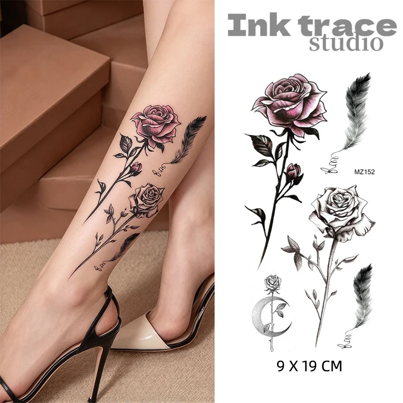 Women's Fashion Flower Temporary Tattoos Sticker Fake Rose Feather TatooS Decal Waterproof Body Art Legs Arm Tatoos For Women