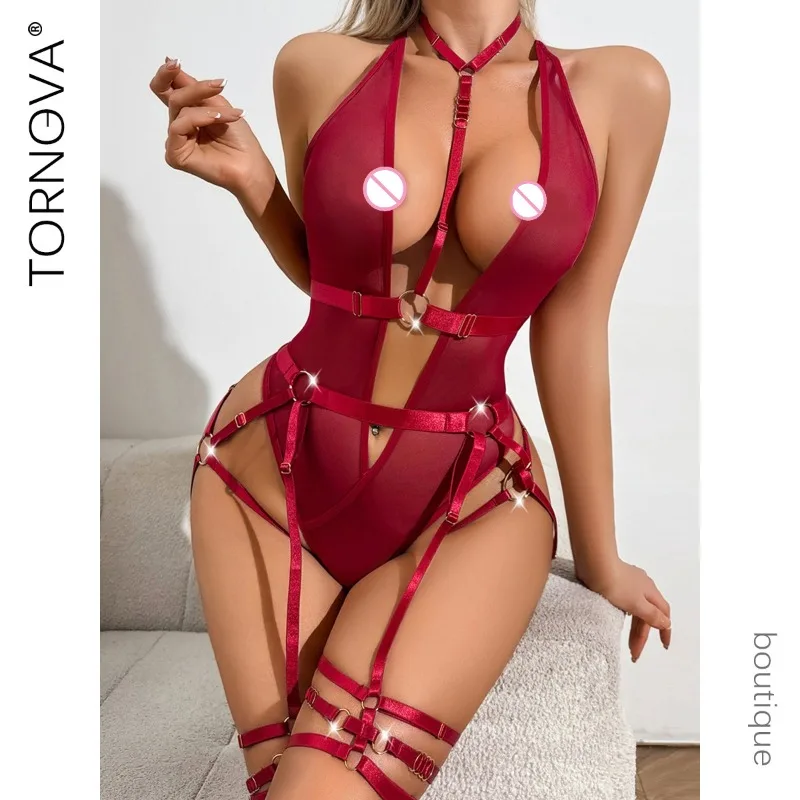 

Tornova Erotic Halter Bodysuit with Metal Straps See-through Mesh Body Shaping Thinmodel Sexy Pure Desire Sissy Intimate Hot Set