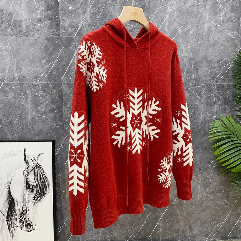 Vintage Pattern Heavyweight Australian Pure Wool Red Knitted Hat Sweater New Year Sle Women's Loose Fit Long Sve Top - view 4