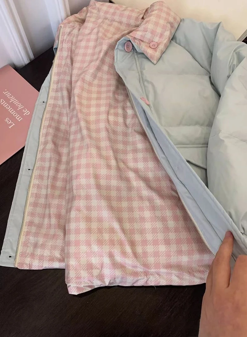 Chic Reversible Women Padded Jacket Contrast Plaid Coat Button Down Quilted Pink Buttons Winter Warm Preppy Retro Parkas