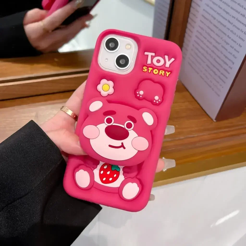 For iPhone 15 Pro Max 15 14 Pro Max  3D Stitch Kitty Face Grip Tok Holder Cartoon Silicon Soft Phone Case