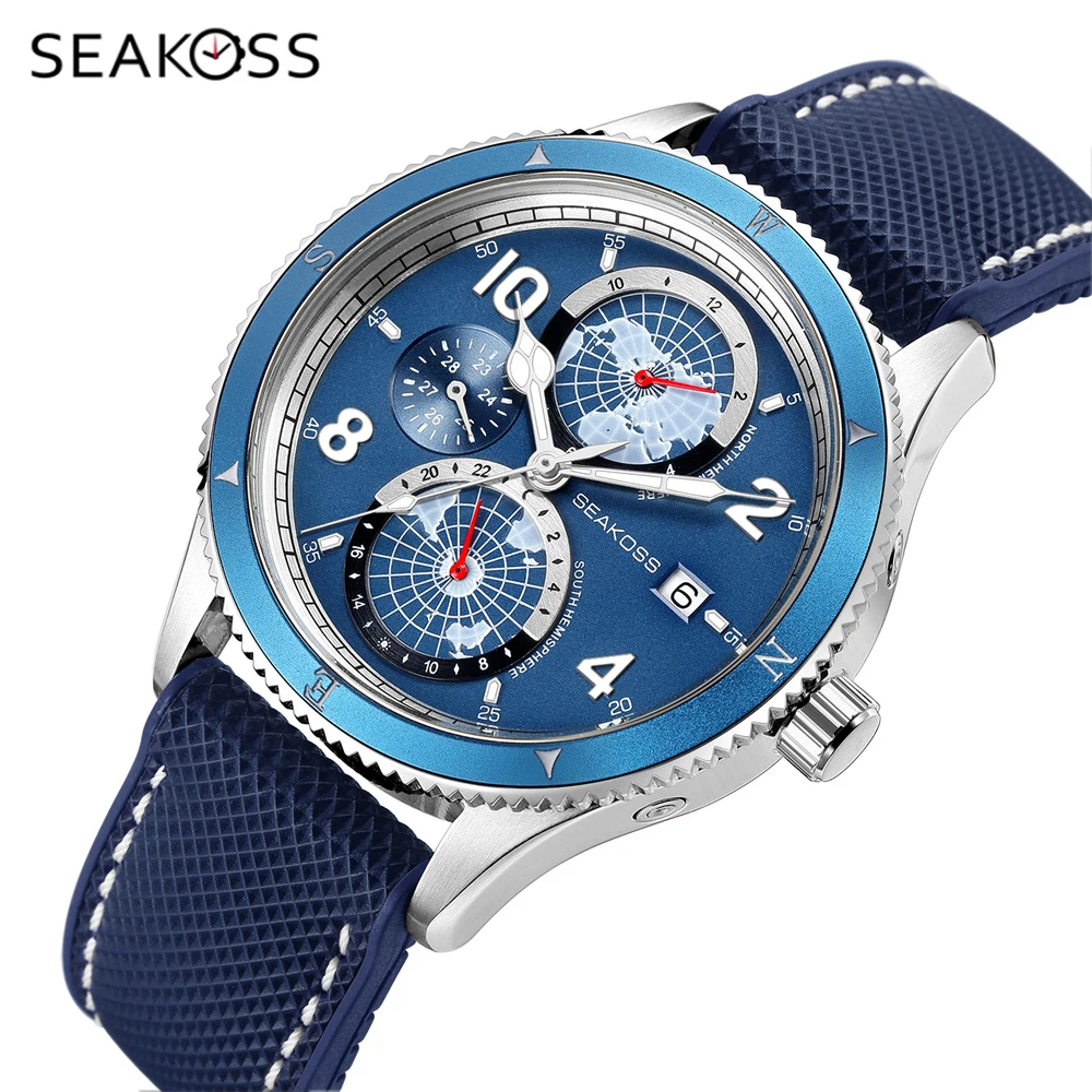 

SEAKOSS Men's Earth Fully Automatic Movement Mechanical Watch Year Month Indicate Silicone Strap Super Luminous Dive Wristwatch