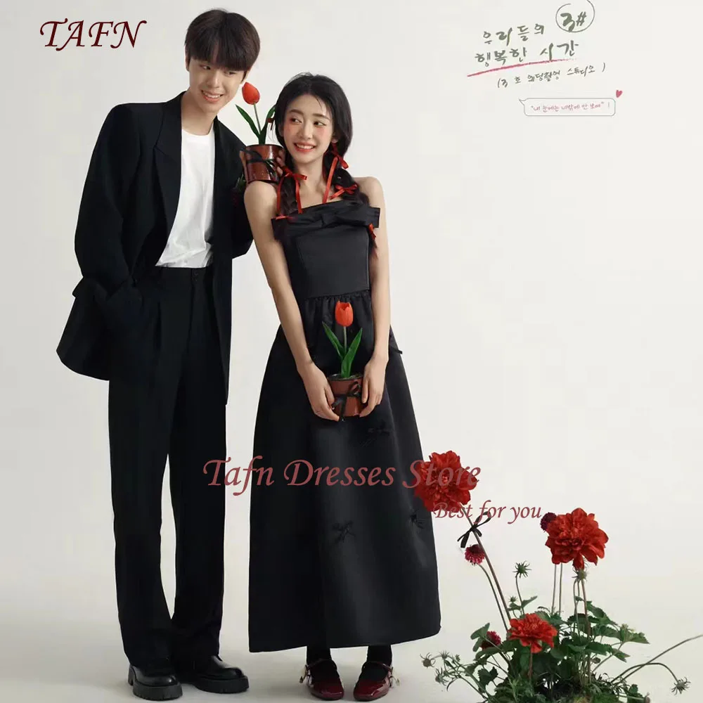 

TAFN Simple Black Dresses Lover Photo Shoot Strapless A-line Ankle-Length Bow Korea Wedding Dresses Custom Made