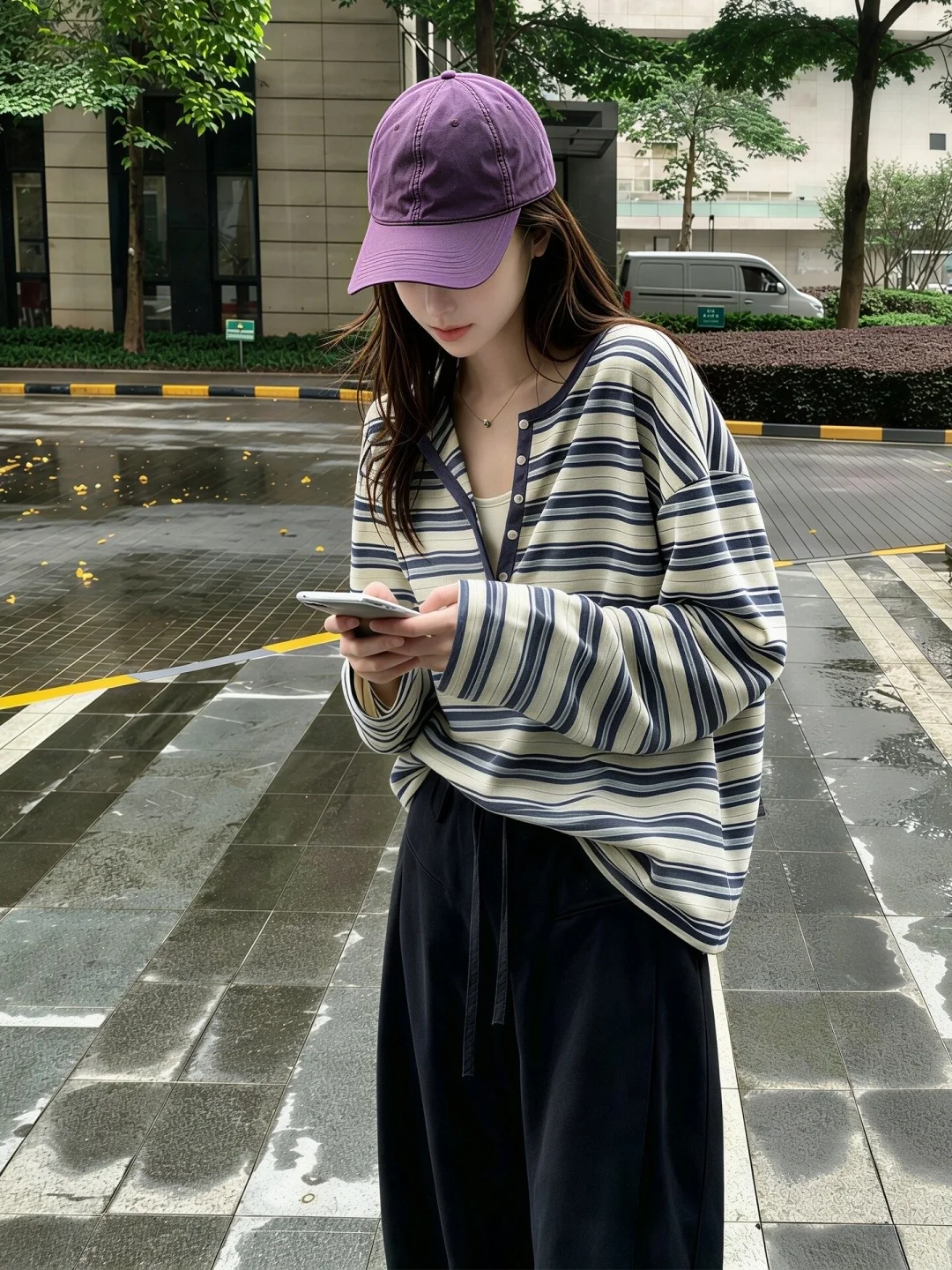 Women's Long Sleeve T-Shirt Button up Striped Casual Loose Fit Autumn Top Gentle High Knowledge Fashionable Sea Salt Blue White
