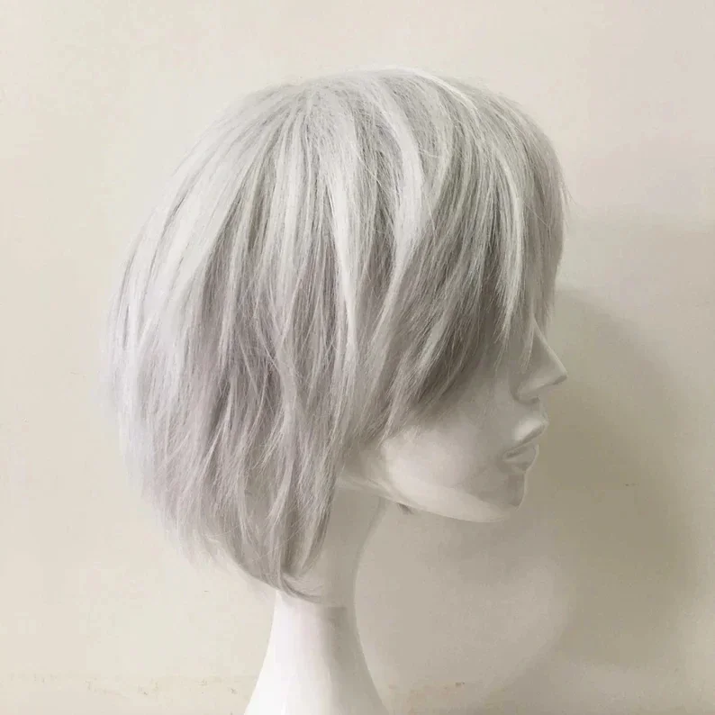 شعر مستعار فضي أبيض من طبقات الشعر القصير مع الاندلاقات الطويلة ، شعر مستعار تأثيري ، شعر مستعار أنيمي ، صبي ، وللنساء #6