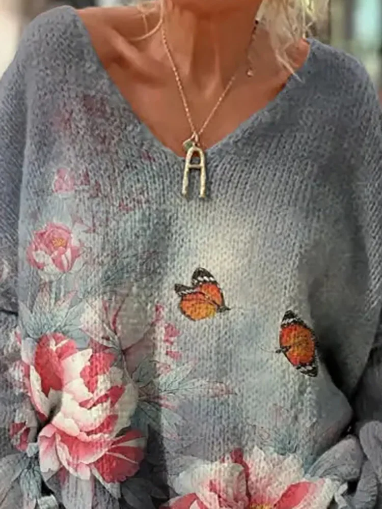 

Colorful Pattern Printed Knitted Sweater Autumn Winter Sexy Lady V Neck Long Sleeved Sweater Casual Crochet Warm Women's Sweater