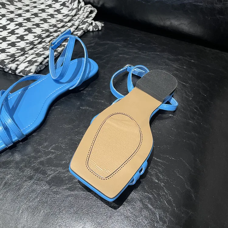 Dave&Di Female Fashion Commuter Leisure Royal Blue Summer Sandals New Square Women Leather Toe Strap Flat Sandals