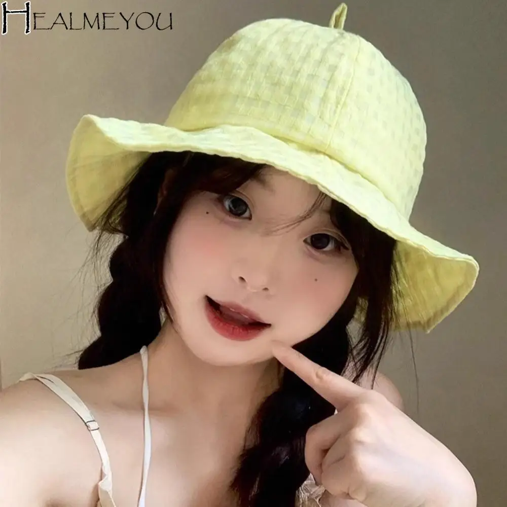 

Foldable Japanese Plaid Bucket Cap Versatile Summer Fisherman Caps Sweet Short Brim Women's Sun Hat Travel