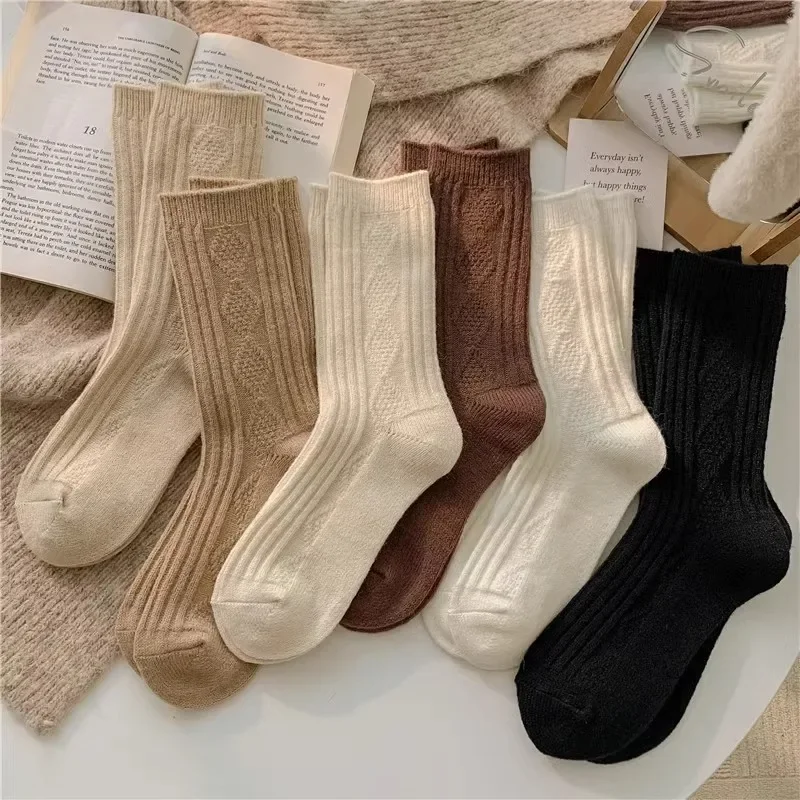 3Pairs Winter Cashmere Wool Socks Women's Winter Diamond Thicken Warm Black White Pack Set Thermal Japanese Fashion Solid Color