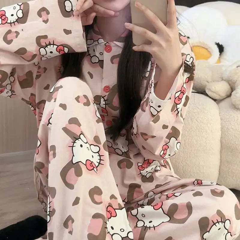 Japanese Cartoon Hello Kittys Pajamas Home Clothes Women Spring Autumn Sweet Cute Girly Wear Outside Long Sleeves Loungewear Set