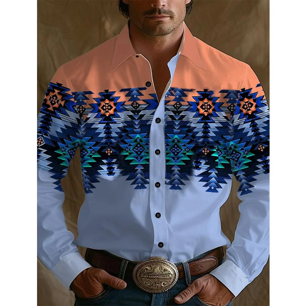 Camisa retro masculina gradiente totem impressão ocidental denim camisa moda resort casual camisa de manga longa lapela masculina botão acima topo