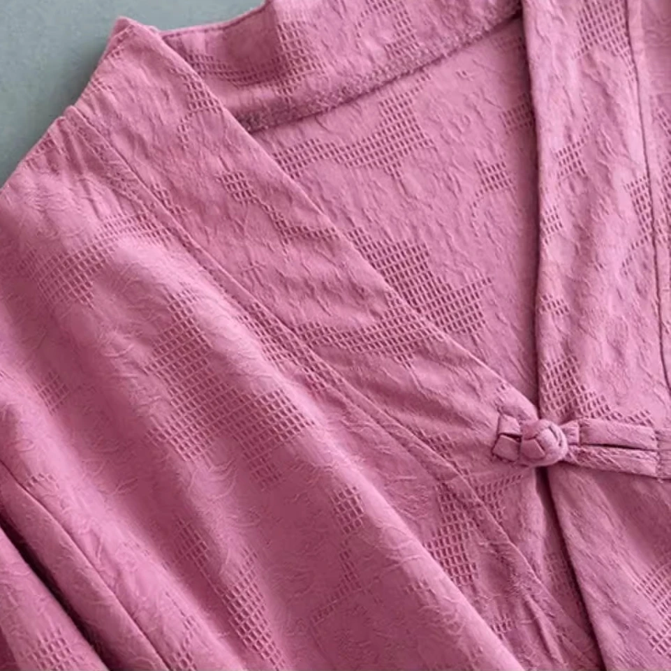 Summer Cotton and Linen Women's Shirt Cross V-Neck Long Sleeve Chinese Style Top Tea Clothing Hanfu Thin Loose Blouse