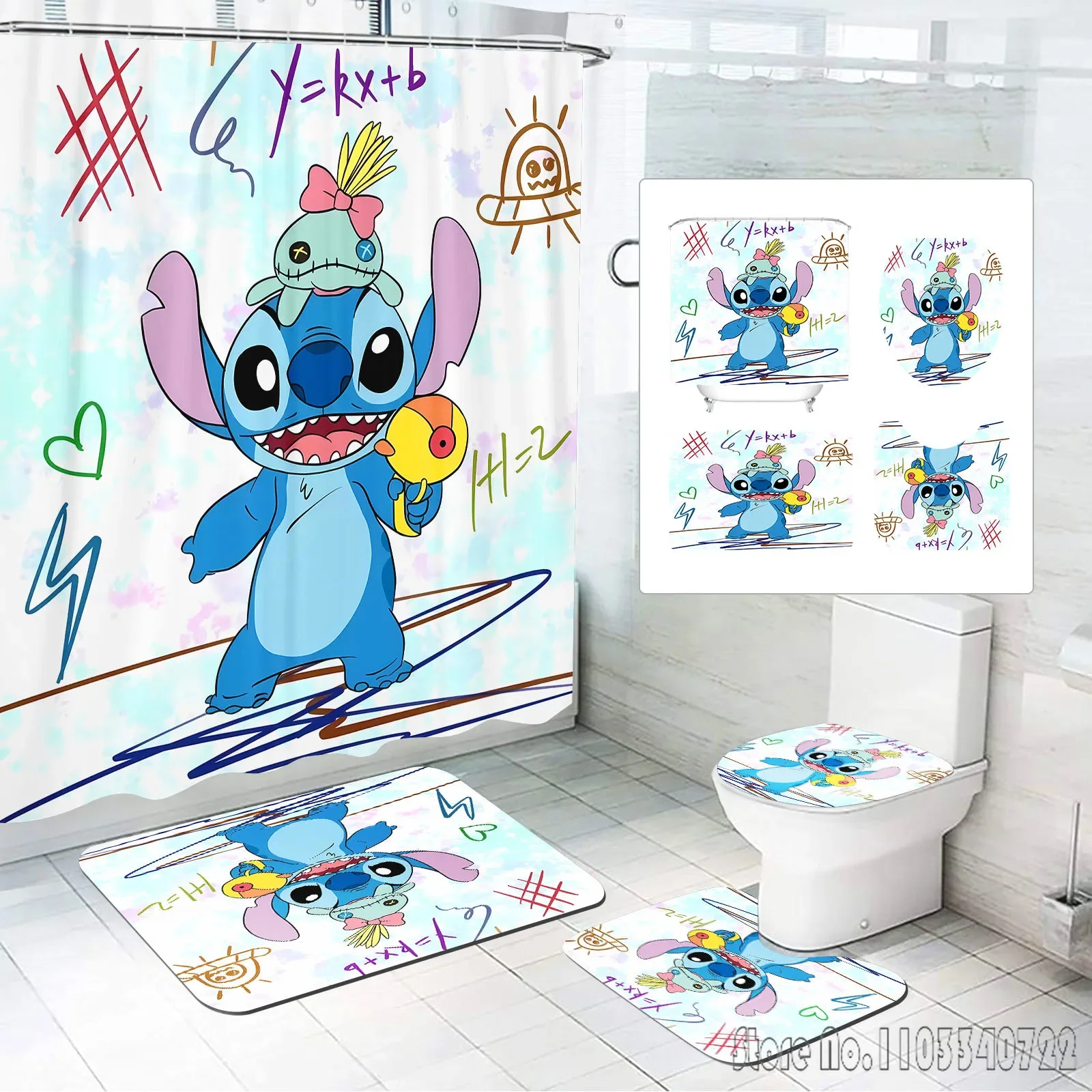 Stitch Disney Anime Bath Shower Curtain Set 4pcs with Hooks Waterproof Bathroom Toilet Mat Lid Decor