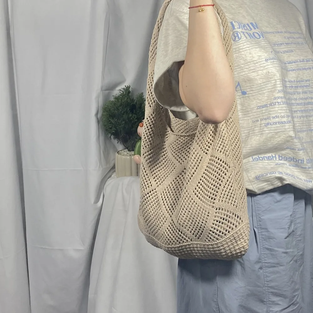 Eco-friendly Washable Hollow Knit Tote Bag Large Capacity Foldable Woven Shopping Bag Casual Simple Shoulder Bag Travel