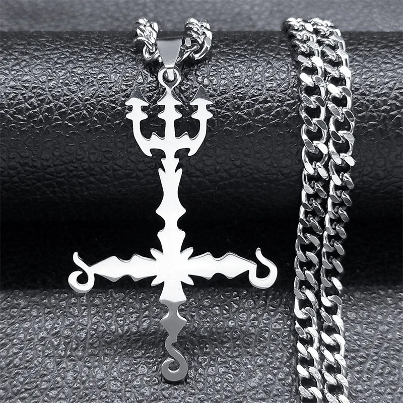 Trendy Gothic Inverted Cross Pendant Necklace Trident Hip Hop Punk Style Necklace Unisex Style Jewelry Accessory for Daily Wear