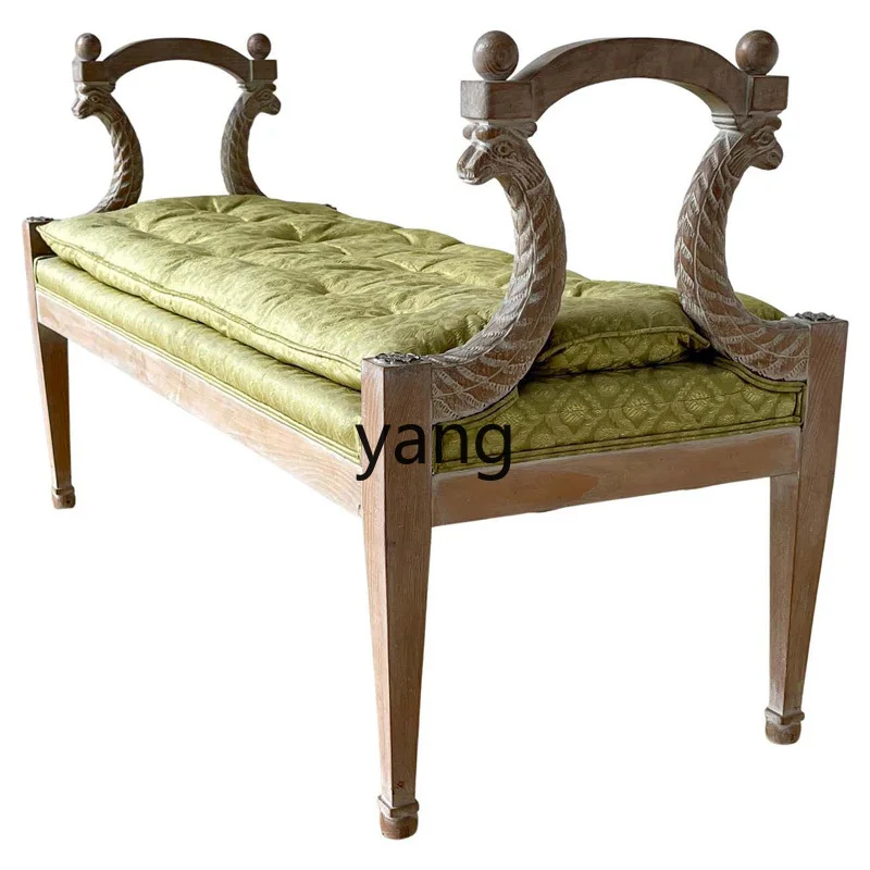 LMM European Retro Distressed Bed End Stool French Carved Bedroom Fabric Craft Home Change