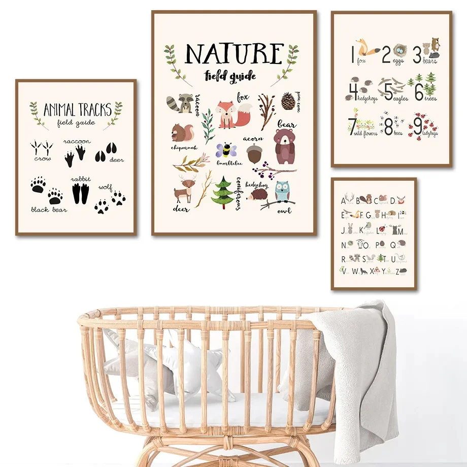 

Nordic Style Animal Plant Footprints Number Alphabet Wall Art Canvas Kids Nursery Room Decor Poster Print