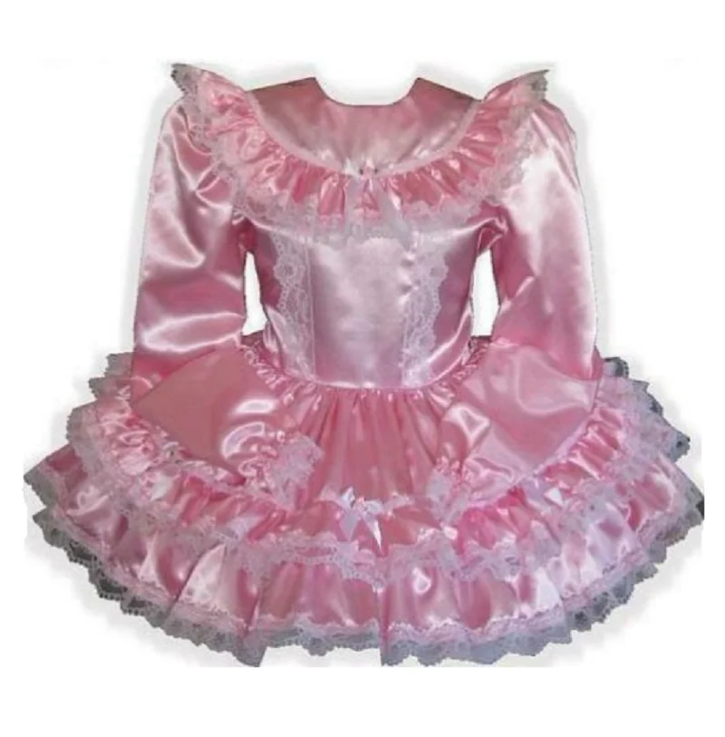 

Hot Maiden Maid Pink Satin Long Sleeve Adult Little Girl Sissy Dress Cross Dressing Role Play Customization