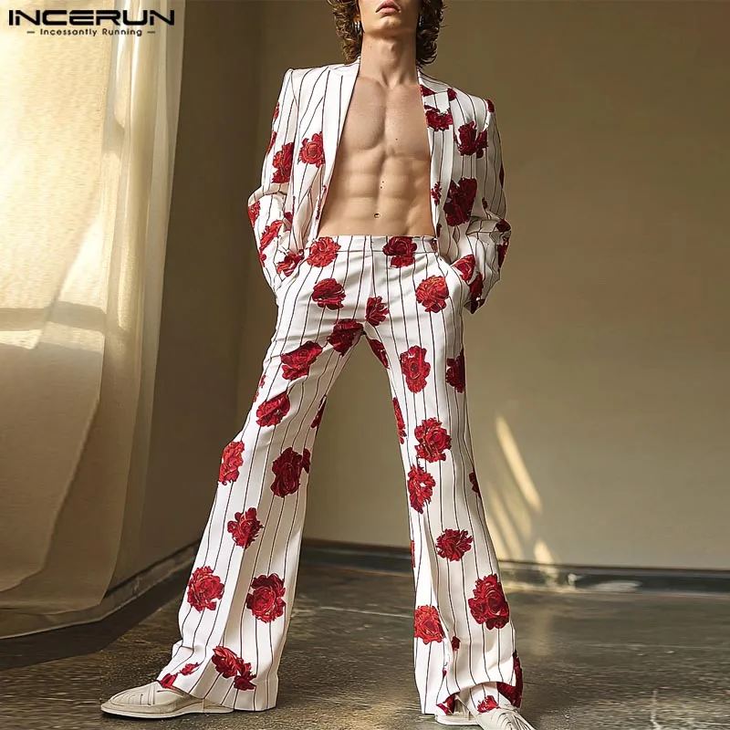 INCERUN – ensemble deux pièces Sexy et décontracté pour hommes, costume à manches longues, manteaux et pantalons, élégant, imprimé à rayures roses, nouvelle collection 20224, S-5XL