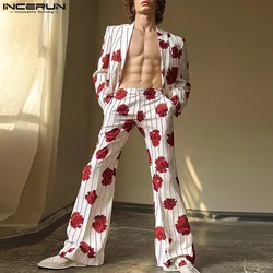 Sexy Casual Style Sets INCERUN 2024 New Men's Long Sleeved Suit Coats Pants Stylish Male Rose Stripe Print Two-piece Sets S-5XL