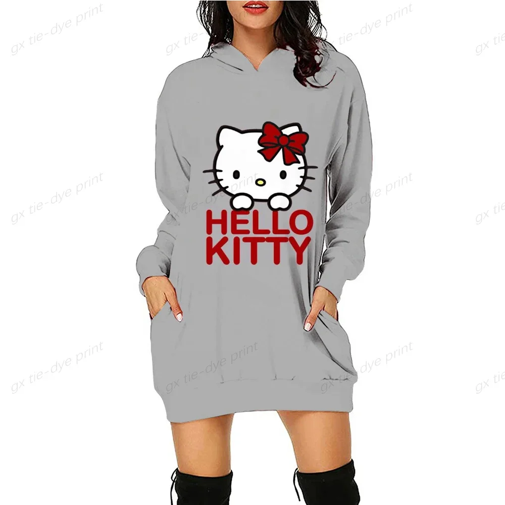 HELLO KITTY  Blocking Printed Sweatshirt Women Fashion Casual Long Sleeve O Neck Pullover Hoodies Autumn Slim Fit Hoodies Dress