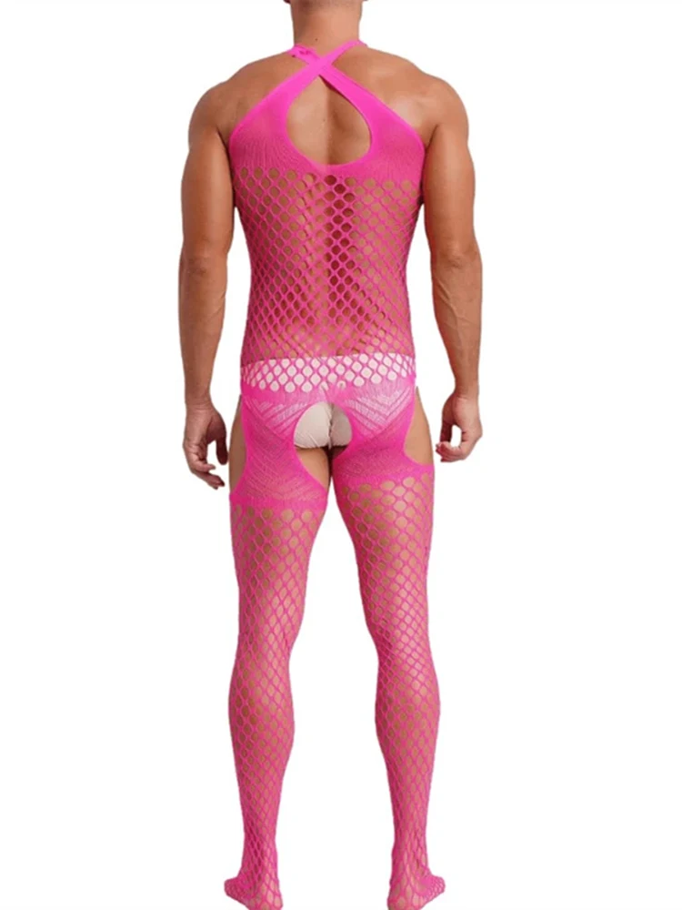 Men\'s Sexy Lingerie Fishnet Body Stockings Adult Male Underwear Exotic Lingerie Man Bodysuit Transparent Mesh Crotch Tights