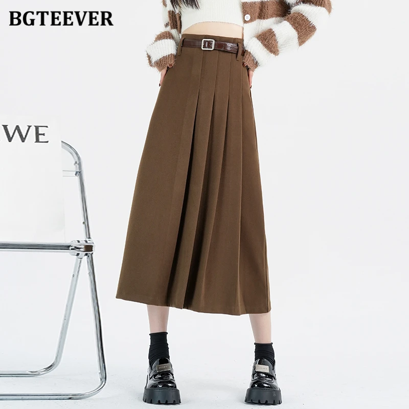 

BGTEEVER Vintage Loose Female Woolen Skirts Autumn Winter High Waist Ladies Mid-Length A-line Skirt Elegant Women Pleated Skirts
