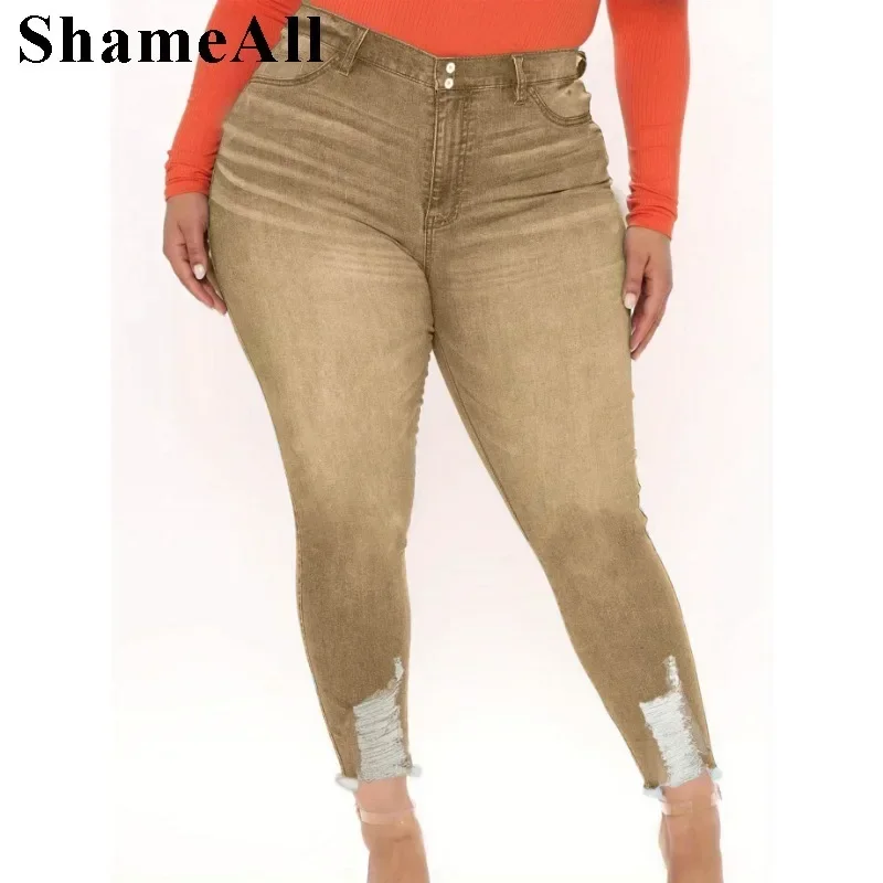 Woman Plus Size Vintage Raw Hem Khaki Jeans Femme 5XL Women Slim Denim Pencil Pants Women Clothing Pluz Feminino Mujer