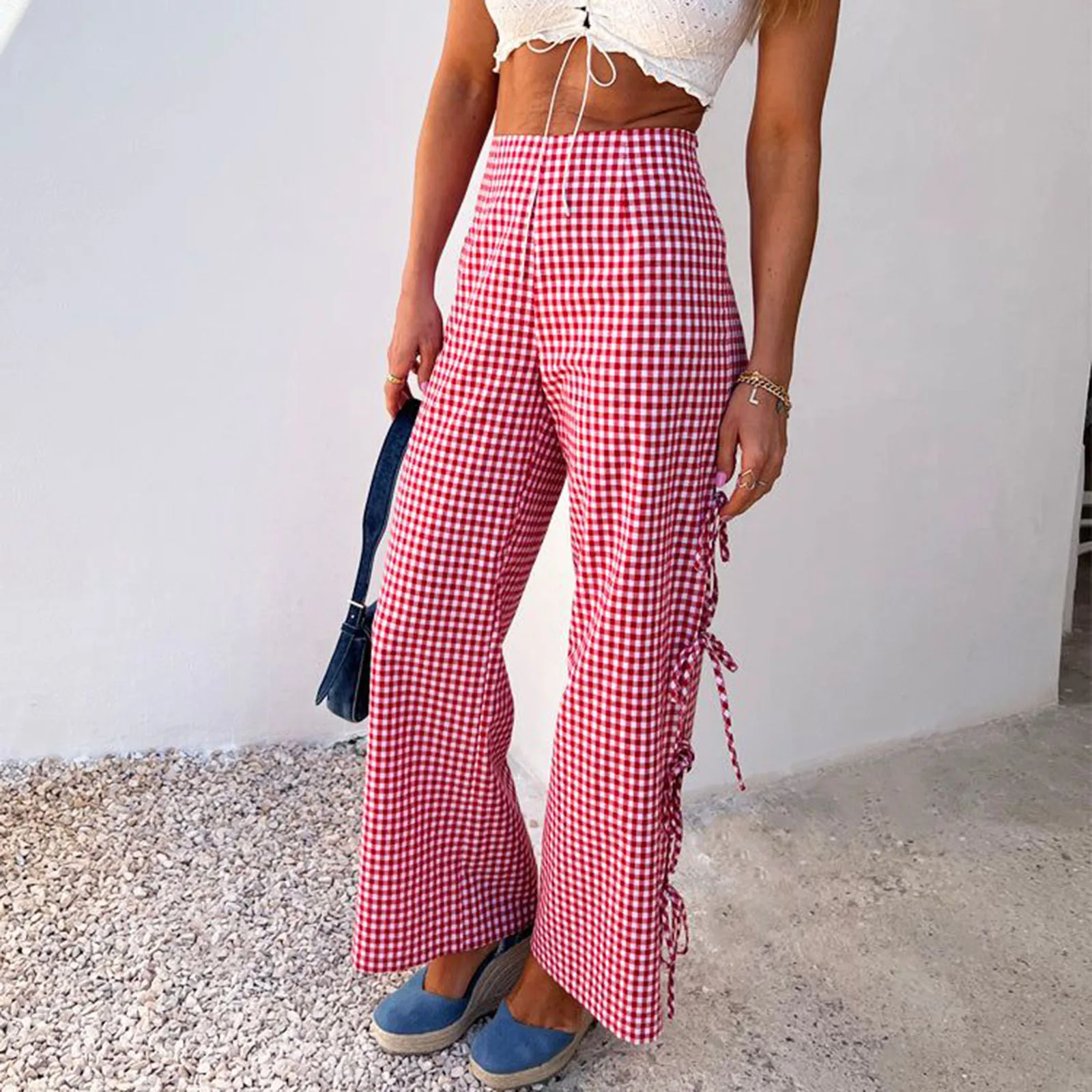 

Fashion Women Wide-Leg Pants Plaid Side Tie-Up Hollow-Out Loose Trousers Spring Summer Casual Sweatpants Bottoms Streetwear