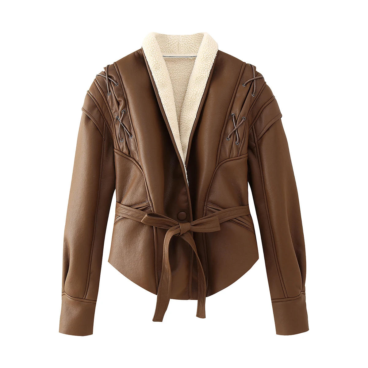 

ZBZA Autumn New Women's Faionable All-Match Leather-Fur Inteated Jaet Coat Sli Design Versatile ort Outerwear